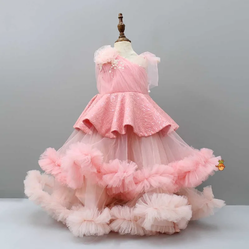 Dress for party convivial atmosphere -Pre Order: Fancy Peach Ruffle Peplum Gown