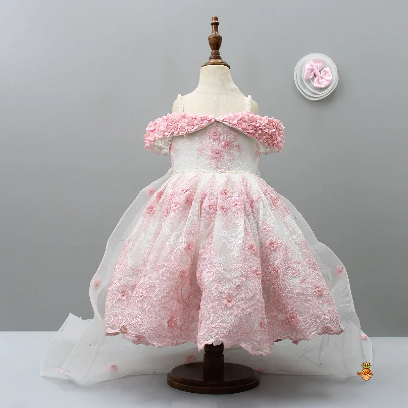 Party dress that is timeless -Pre Order: Off Shoulder Fabric Flowers Adorned Wings Gown With Detachable Trail And Matching Hair Clip