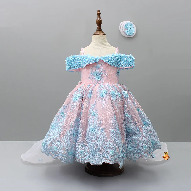 Dress for party summer season -Pre Order: Off Shoulder Fabric Flowers Adorned Dual Tone Wings Gown With Detachable Trail And Matching Hair Clip