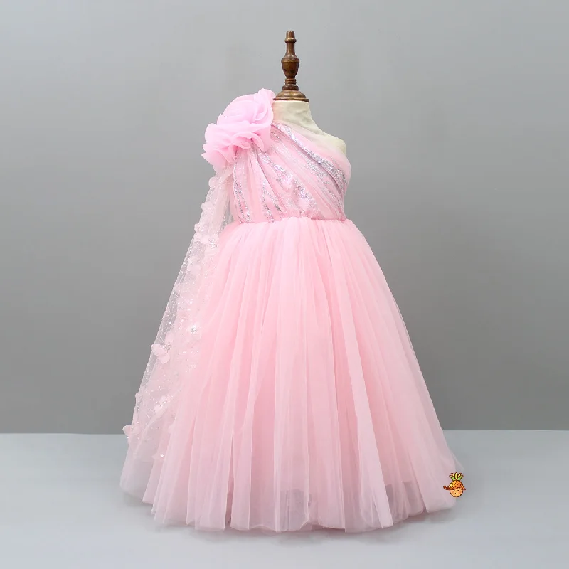 Party dress with statement sleeves -Pre Order: One Shoulder Pink Net Drape Gown
