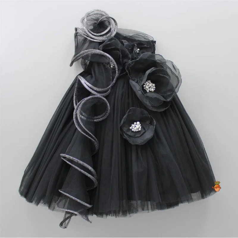 Party dress: day to night -Pre Order: Pearly Adorable Flowers Adorned Black Ruffle Gown Party dress: day to night -Pre Order: Pearly Adorable Flowers Adorned Black Ruffle Gown