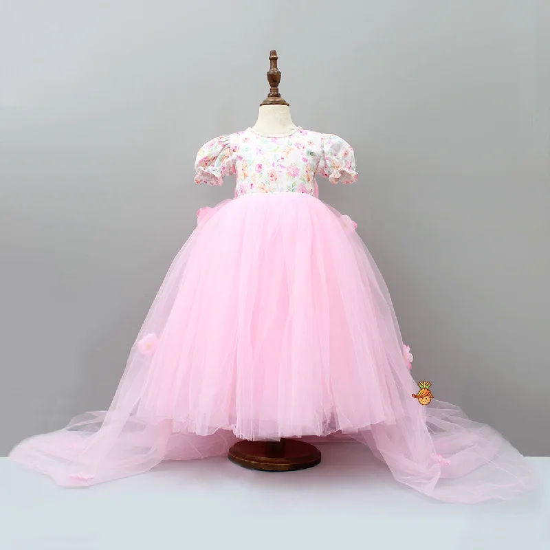 Party dress with jacket -Pre Order: Pink Floral Printed And Pearl Detailed Gown With Detachable Trail Party dress with jacket -Pre Order: Pink Floral Printed And Pearl Detailed Gown With Detachable Trail