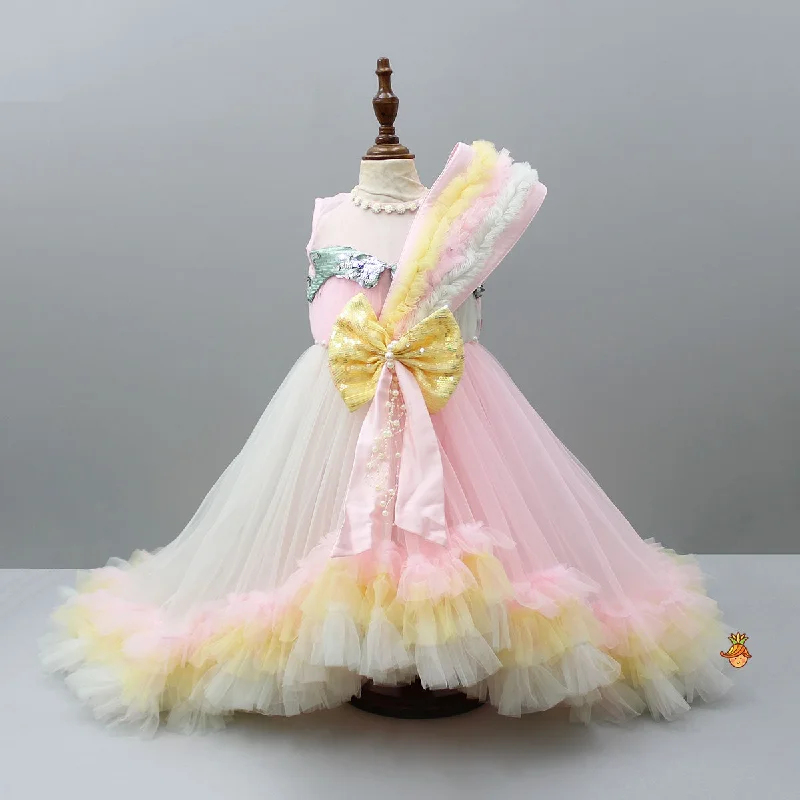 Party dress with scarf -Pre Order: Pretty Pearl And Sequin Work High Low Multi Colour Gown With Trail Party dress with scarf -Pre Order: Pretty Pearl And Sequin Work High Low Multi Colour Gown With Trail