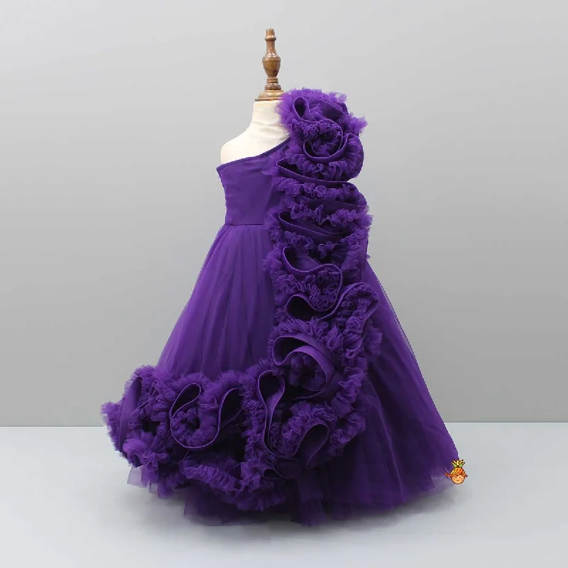 Party dress that is comfortable -Pre Order: Purple One Shoulder Ruffle Net Gown