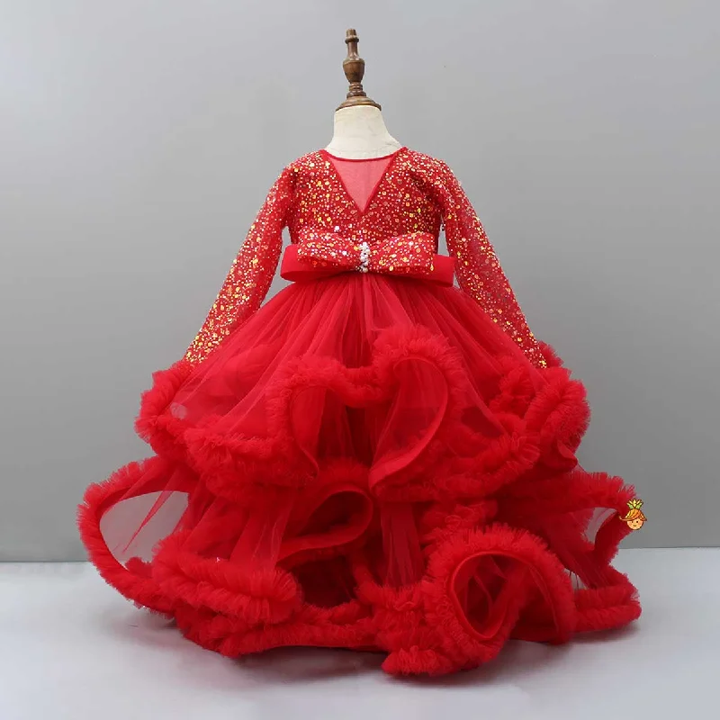 Party dress that is unforgettable -Pre Order: Sequined Red Ruffle Layered Fancy Gown Party dress that is unforgettable -Pre Order: Sequined Red Ruffle Layered Fancy Gown