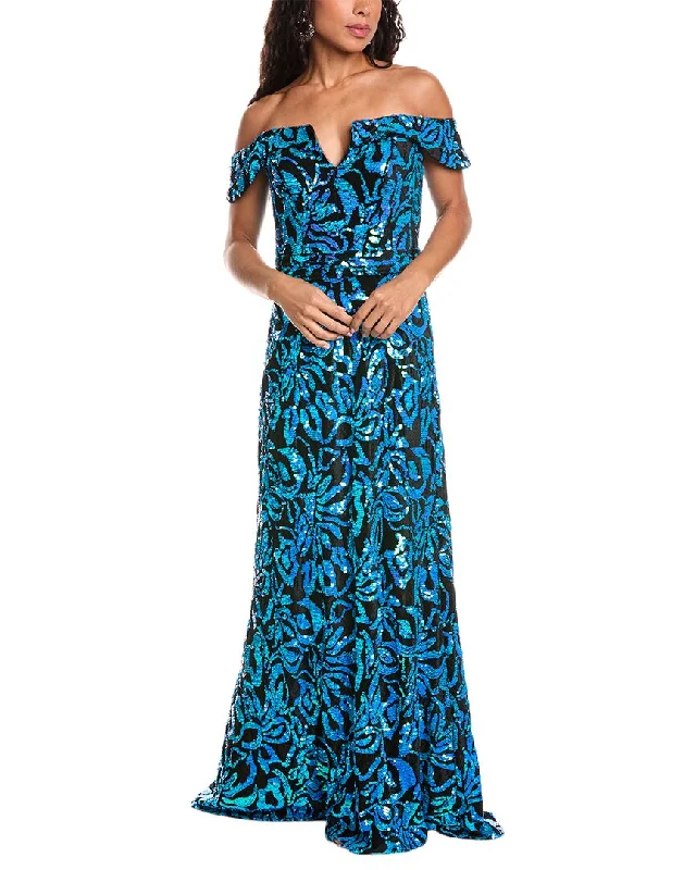 Party dress with a cowl neckline -Rene Ruiz Off-The-Shoulder Gown