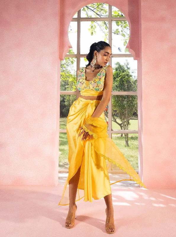Party dress for an hourglass figure -Saanvi, Sana, and Samiha Yellow Coord Set