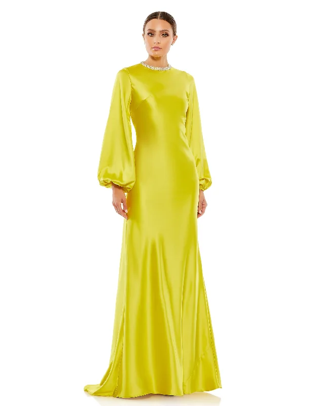 lace-up back evening dresses-Satin Long Blouson Sleeve Evening Gown
