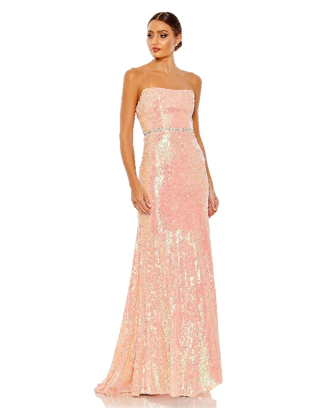 Party dress that looks expensive -Sequined Strapless Rhinestone Belt Gown