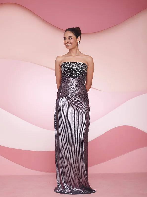 Dress for party sophisticated look -Solana Iridescent Metallic Rhinestone Embroidered Gown