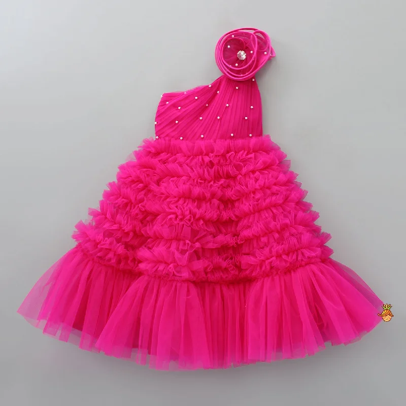 Party dress with belt -Swirly One Shoulder Frilled Gown