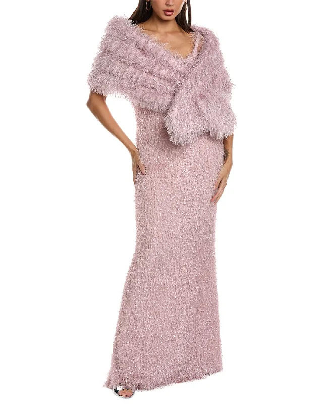 Dress for party modern style -Tadashi Shoji Fringe Gown With Cape