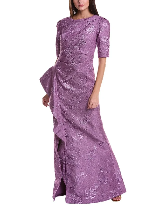 Party dress with an asymmetrical hemline -Teri Jon by Rickie Freeman Metallic Jacquard Gown Party dress with an asymmetrical hemline -Teri Jon by Rickie Freeman Metallic Jacquard Gown