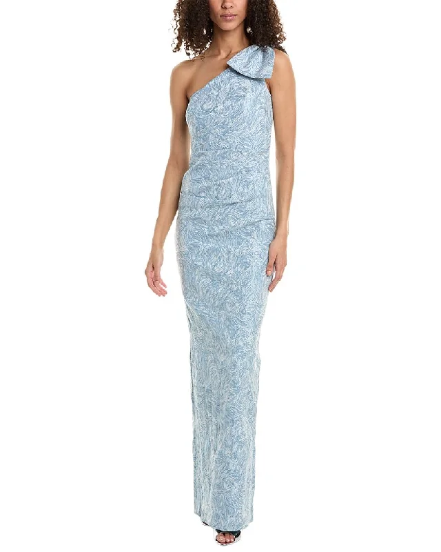 Dress for party fall season -Teri Jon by Rickie Freeman One-Shoulder Bow Abstract Print Jacquard Gown