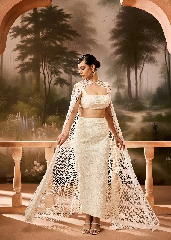 Party dress with a plunging neckline -Shivika Ivory Coord Set with Cape