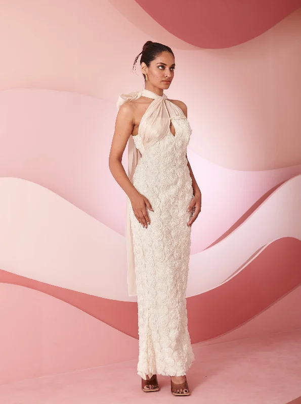 Dress for party plus size women -Rabia Ivory 3D Floral Embroidered Cutout Gown