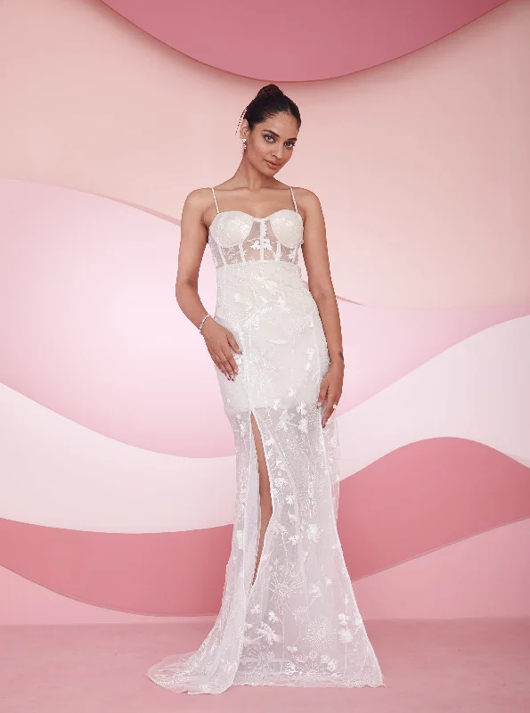 Party dress to impress a date -Nira White Embroidered Slit Corset gown