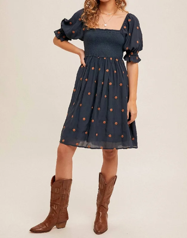 custom-made evening gown designers-Daisy Ditsy Embroidered Dress In Mid Night Blue