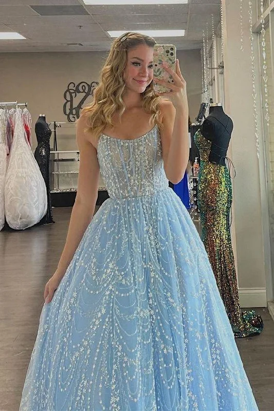 Elegant prom dresses for women-A-line blue long prom dress with spaghetti straps gh2209 Elegant prom dresses for women-A-line blue long prom dress with spaghetti straps gh2209