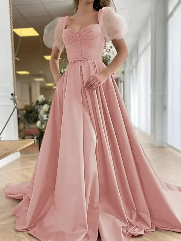 V-neck prom dresses for an elegant style-A-Line Elegant Vintage Engagement Prom Dress Scoop Neck Short Sleeve Sweep / Brush Train Satin with Pleats Split gh1841 V-neck prom dresses for an elegant style-A-Line Elegant Vintage Engagement Prom Dress Scoop Neck Short Sleeve Sweep / Brush Train Satin with Pleats Split gh1841