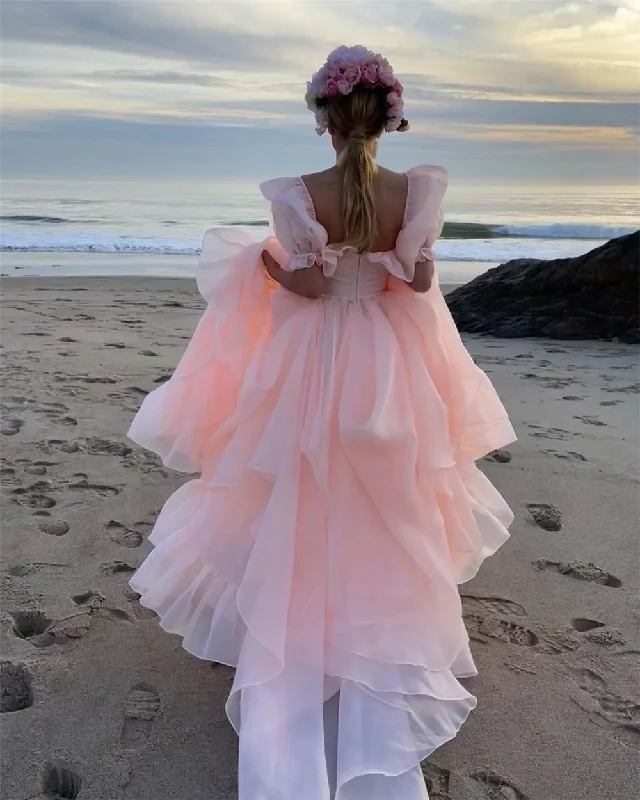 Elegant princess-style prom gowns-Abmyl Baby Pink Organza Prom Dresses Short Puff Sleeves Ruffles Prom Party Gowns Slit Princess Formal Women Party Dresses gh829 Elegant princess-style prom gowns-Abmyl Baby Pink Organza Prom Dresses Short Puff Sleeves Ruffles Prom Party Gowns Slit Princess Formal Women Party Dresses gh829