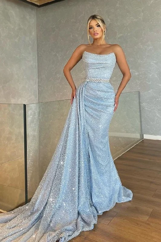 Prom dresses with sequins-Baby Blue Strapless Sleeveless Beadings Mermaid Prom Dress With Sequins gh781 Prom dresses with sequins-Baby Blue Strapless Sleeveless Beadings Mermaid Prom Dress With Sequins gh781