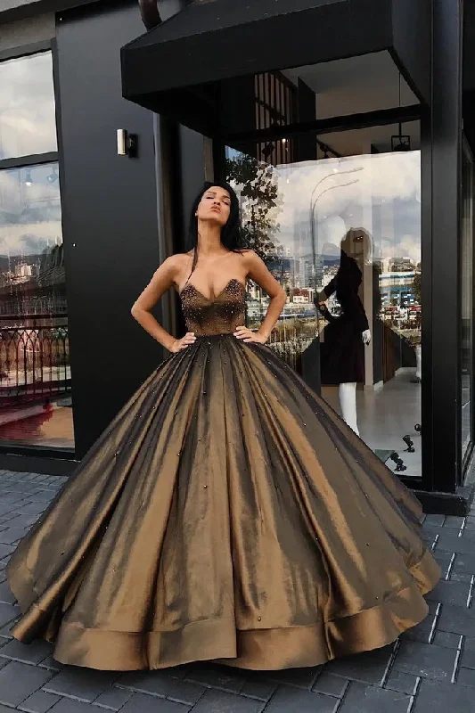 Prom dresses with end-of-summer vibes-Ball Gown Sweetheart Brown Long Strapless Beads Sleeveless Quinceanera Dresses gh2223 Prom dresses with end-of-summer vibes-Ball Gown Sweetheart Brown Long Strapless Beads Sleeveless Quinceanera Dresses gh2223