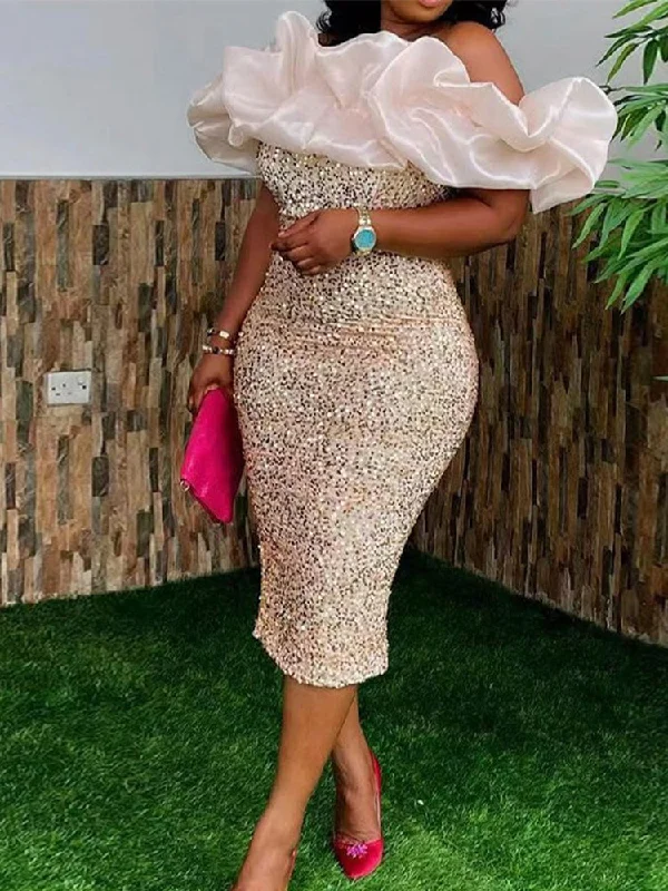 Prom dresses for plus-size women-Bare Shoulder Sequin Dress
