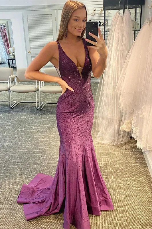 Luxury prom dresses with rhinestones-Beading V-neck Purple Mermaid Prom Dress gh1811