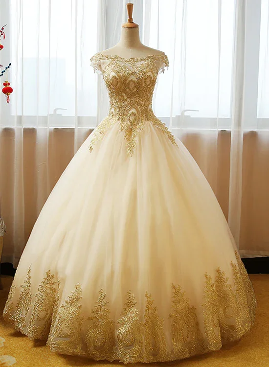 Sleek black prom dresses for a chic appearance-Beautiful Champagne With Gold Applique Long Party Dress, Sweet 16 Dresses gh354 Sleek black prom dresses for a chic appearance-Beautiful Champagne With Gold Applique Long Party Dress, Sweet 16 Dresses gh354