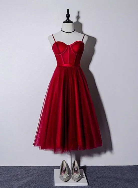 Stylish satin and lace prom dresses-Beautiful Dark Red Tea Length Straps Wedding Party Dress, Homecoming Dress gh296 Stylish satin and lace prom dresses-Beautiful Dark Red Tea Length Straps Wedding Party Dress, Homecoming Dress gh296