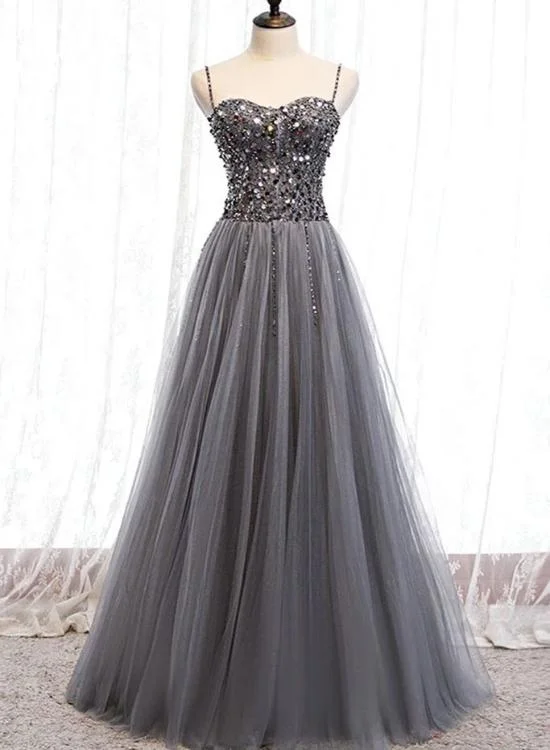 Prom dresses for evening events-Beautiful Grey Beaded Tulle Prom Dresses, Straps Party Dress gh194 Prom dresses for evening events-Beautiful Grey Beaded Tulle Prom Dresses, Straps Party Dress gh194