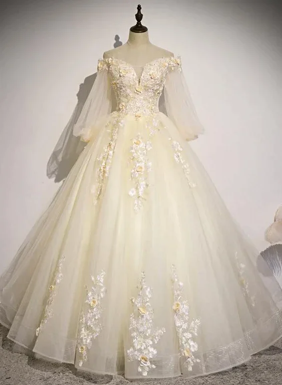 Blue prom dresses for a cool, classic look-Beautiful Ivory Tulle Long Sleeves Floral Sweet 16 Gown, Party Gowns prom dress gh922 Blue prom dresses for a cool, classic look-Beautiful Ivory Tulle Long Sleeves Floral Sweet 16 Gown, Party Gowns prom dress gh922