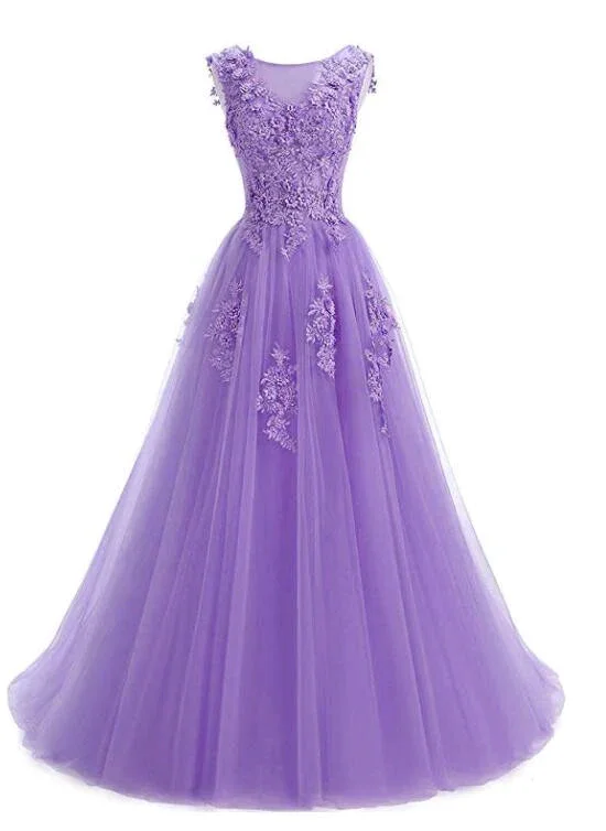 Classy prom dresses with mesh details-Beautiful Lavender Tulle Long Prom Dress  A-Line Party Dress gh605