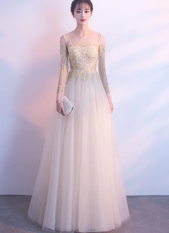 Chic dresses for prom in chiffon-Beautiful Light Champagne Long Sleeves With Gold Applique, Charming Formal Gowns gh588 Chic dresses for prom in chiffon-Beautiful Light Champagne Long Sleeves With Gold Applique, Charming Formal Gowns gh588