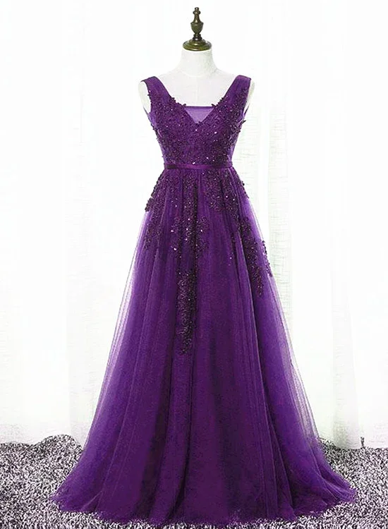 Charming prom dresses with floral motifs-Beautiful Purple Tulle A-Line Party Dress, Long Bridesmaid Dress gh305 Charming prom dresses with floral motifs-Beautiful Purple Tulle A-Line Party Dress, Long Bridesmaid Dress gh305