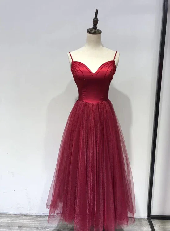 Trendy silk prom dresses for luxe appeal-Beautiful Wine Red Straps Beaded Tea Length Wedding Party Dress, Prom Dress gh589 Trendy silk prom dresses for luxe appeal-Beautiful Wine Red Straps Beaded Tea Length Wedding Party Dress, Prom Dress gh589