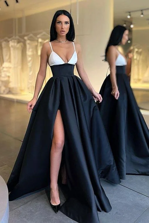 Simple yet elegant prom dresses-Black and White Spaghetti-Straps Prom Dress gh646