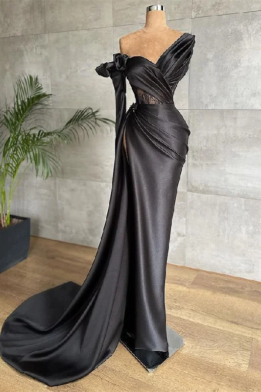 Prom dresses with feather accents-Black Long Sleeves Mermaid Prom Dress gh675