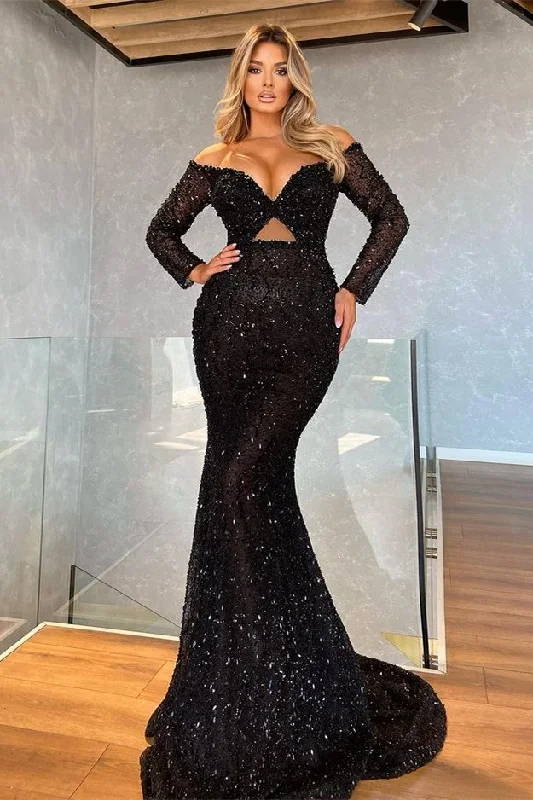 Prom dresses with velvet-Black Long Sleeves V-Neck Mermaid Prom Dress With Sequins gh779 Prom dresses with velvet-Black Long Sleeves V-Neck Mermaid Prom Dress With Sequins gh779