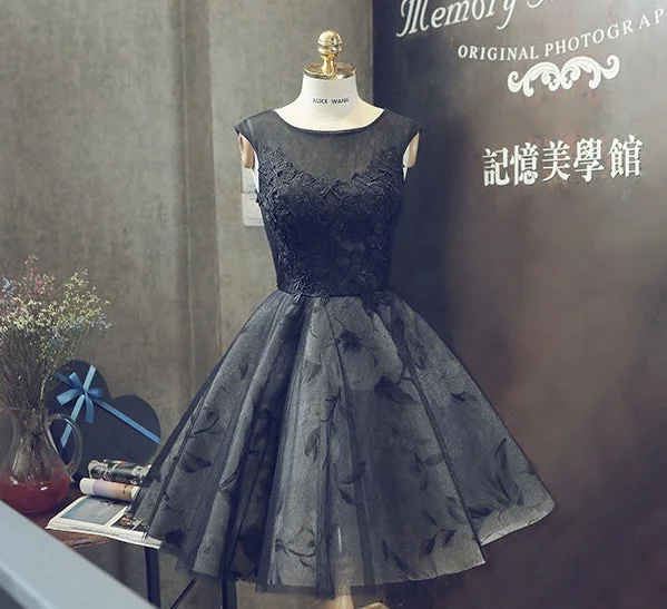 Pretty pastel-colored prom dresses-Black round neck lace short prom dress, homecoming dress 7923 Pretty pastel-colored prom dresses-Black round neck lace short prom dress, homecoming dress 7923