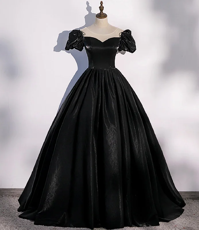 Prom dresses with metallic-Black satin long prom dress A line evening gown  10347
