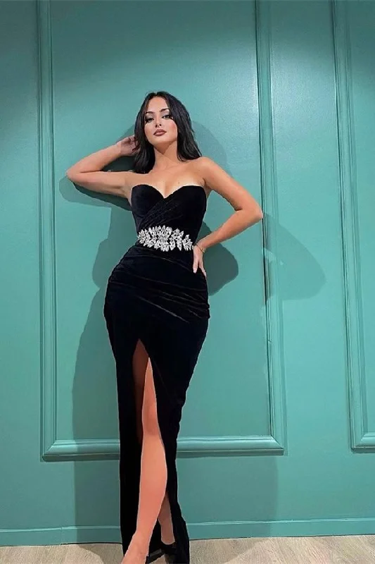 Prom dresses for summer-Black Sweetheart Long Prom Dress Split With Appliques gh786