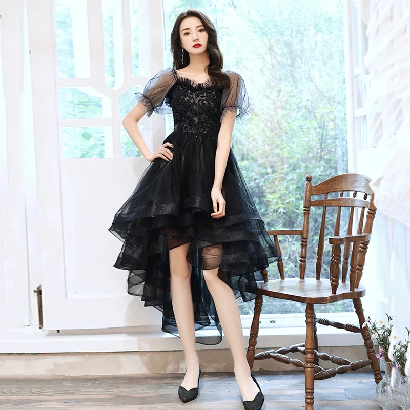 Trendy two-piece prom dresses for 2023-Black tulle lace high low prom dress party dress 8743 Trendy two-piece prom dresses for 2023-Black tulle lace high low prom dress party dress 8743