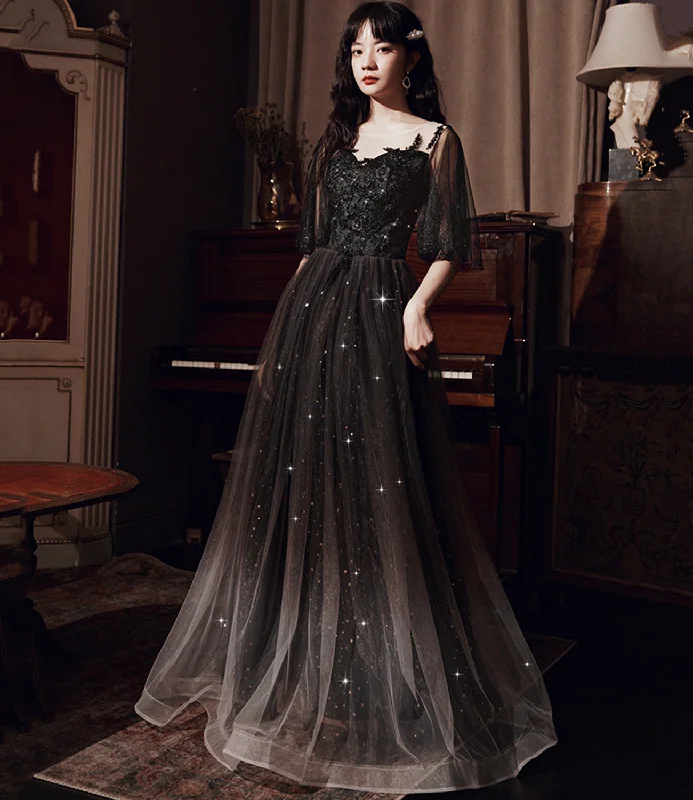 Prom dresses fashion trends-Black tulle lace long prom dress evening dress  10363
