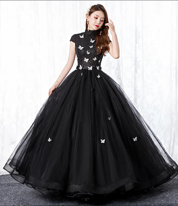 Prom dresses for St. Patrick's Day-Black tulle long A line ball gown dress formal dress  8650