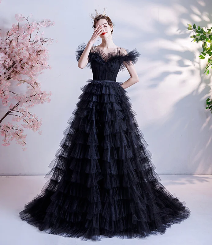Trendy prom dresses for high school-Black tulle long A line prom dress black evening dress 8924 Trendy prom dresses for high school-Black tulle long A line prom dress black evening dress 8924