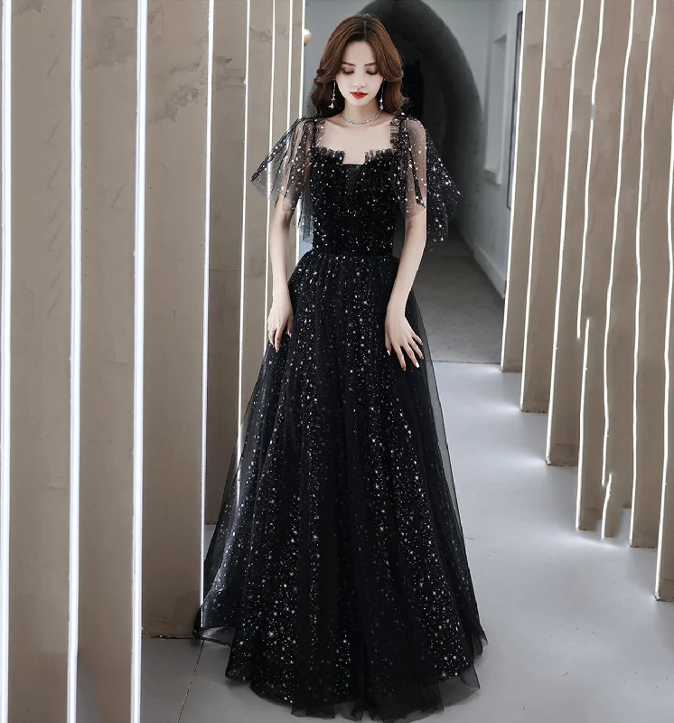 Prom dresses for special occasions-Black tulle long A line prom dress evening dress 8681 Prom dresses for special occasions-Black tulle long A line prom dress evening dress 8681