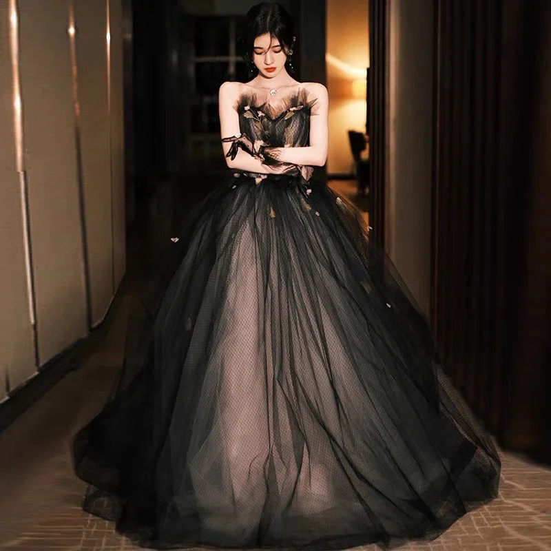 Yellow prom dresses for a fresh, bright look-Black tulle long ball gown dress A line evening gown 10133 Yellow prom dresses for a fresh, bright look-Black tulle long ball gown dress A line evening gown 10133