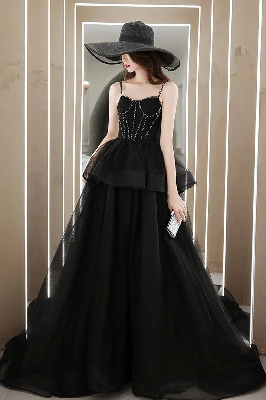 Prom dresses with wedges-Black tulle long ball gown dress black evening dress  8665